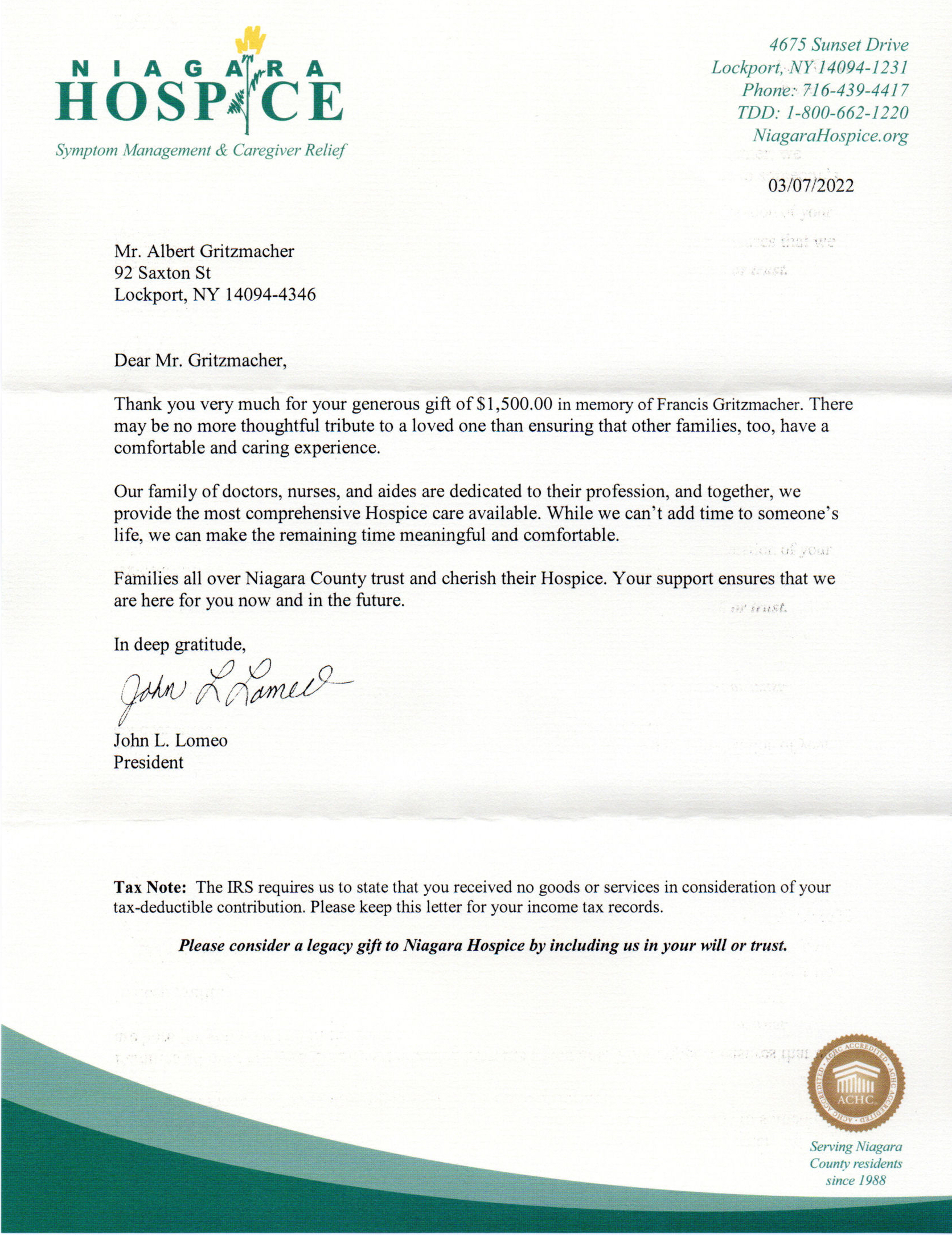Thank you letter from Niagara Hospice