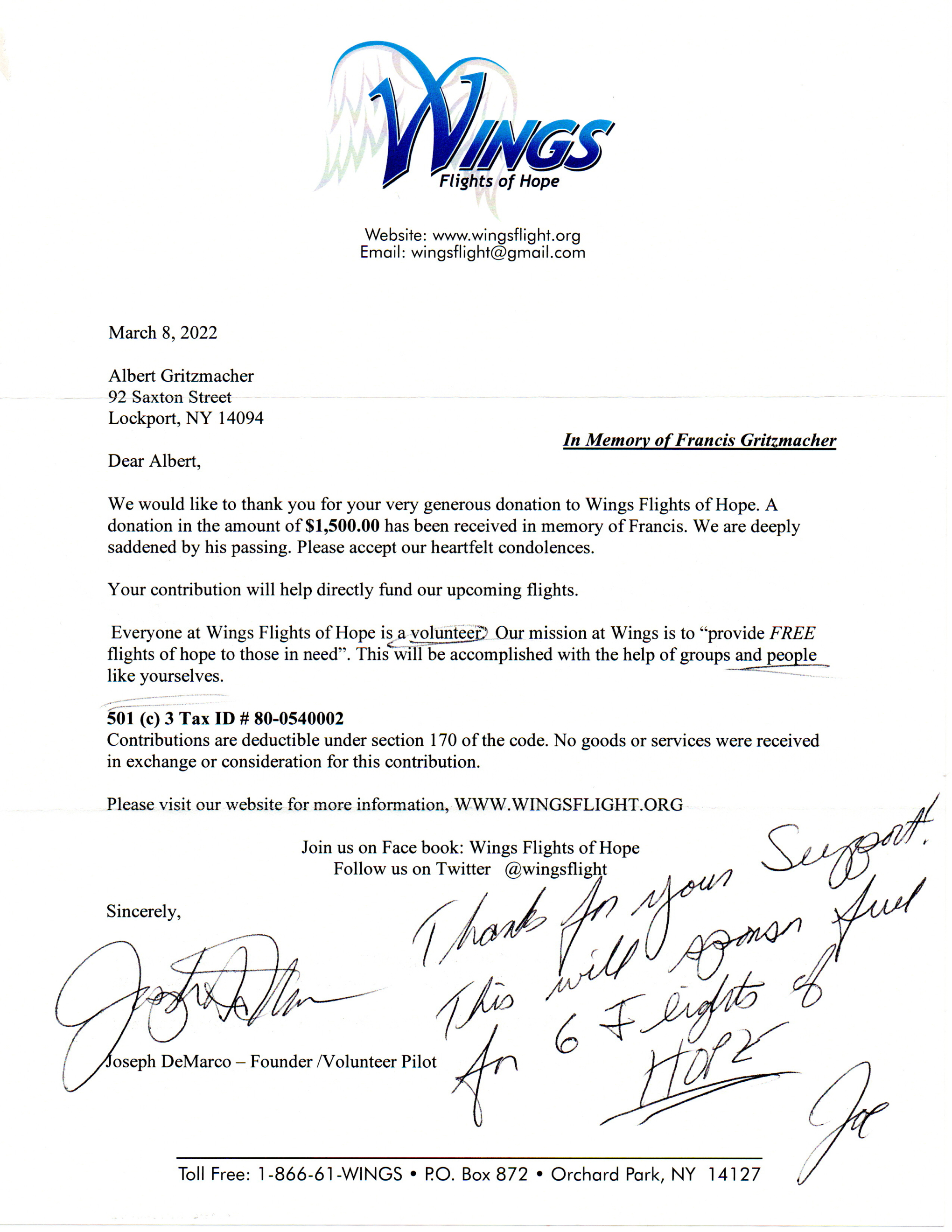 Thank you letter from Wings